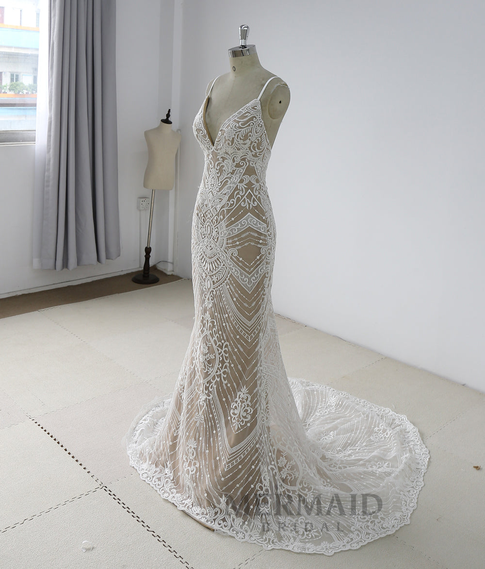 Amazing Beaded Lace Backless Mermaid Wedding Dress
