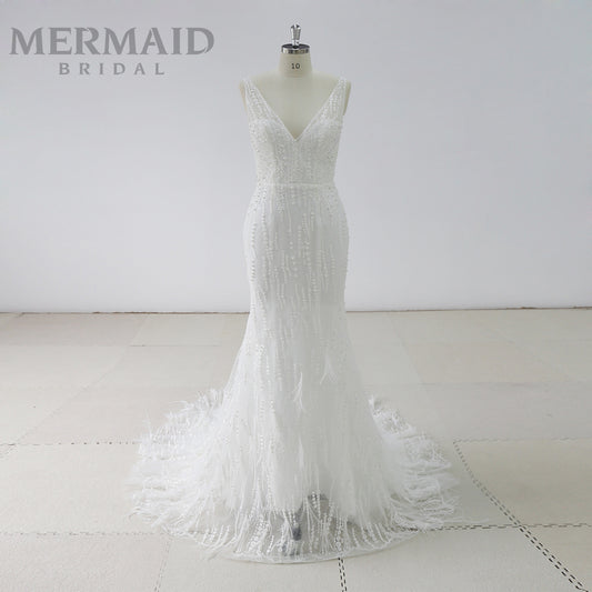 Luxury Backless  Heavy Beaded Mermaid Feather Wedding Dress