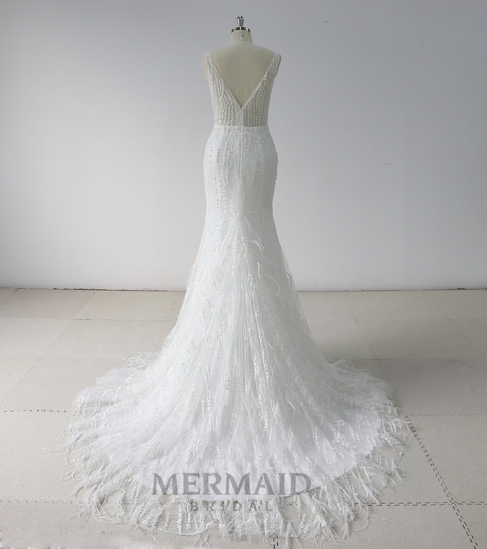 Luxury Backless  Heavy Beaded Mermaid Feather Wedding Dress