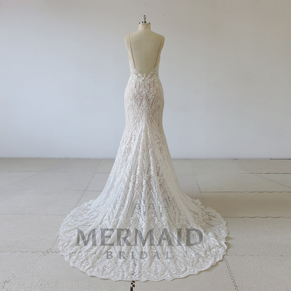 New Lace Spaghetti Heavy Beaded  Mermaid Wedding Dress
