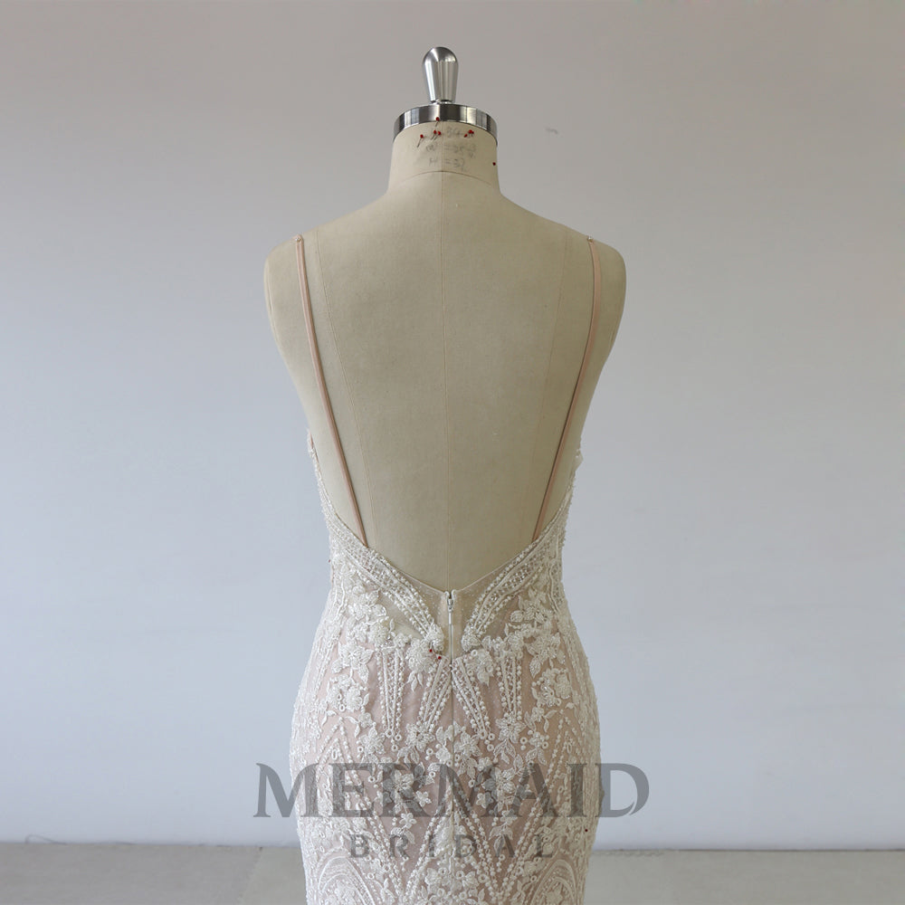 New Lace Spaghetti Heavy Beaded  Mermaid Wedding Dress