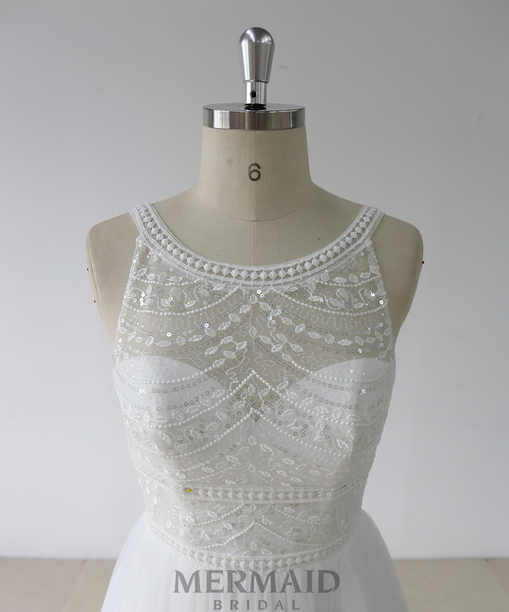 Backless scoop neck lace boho wedding dress – Mermaid Bridal