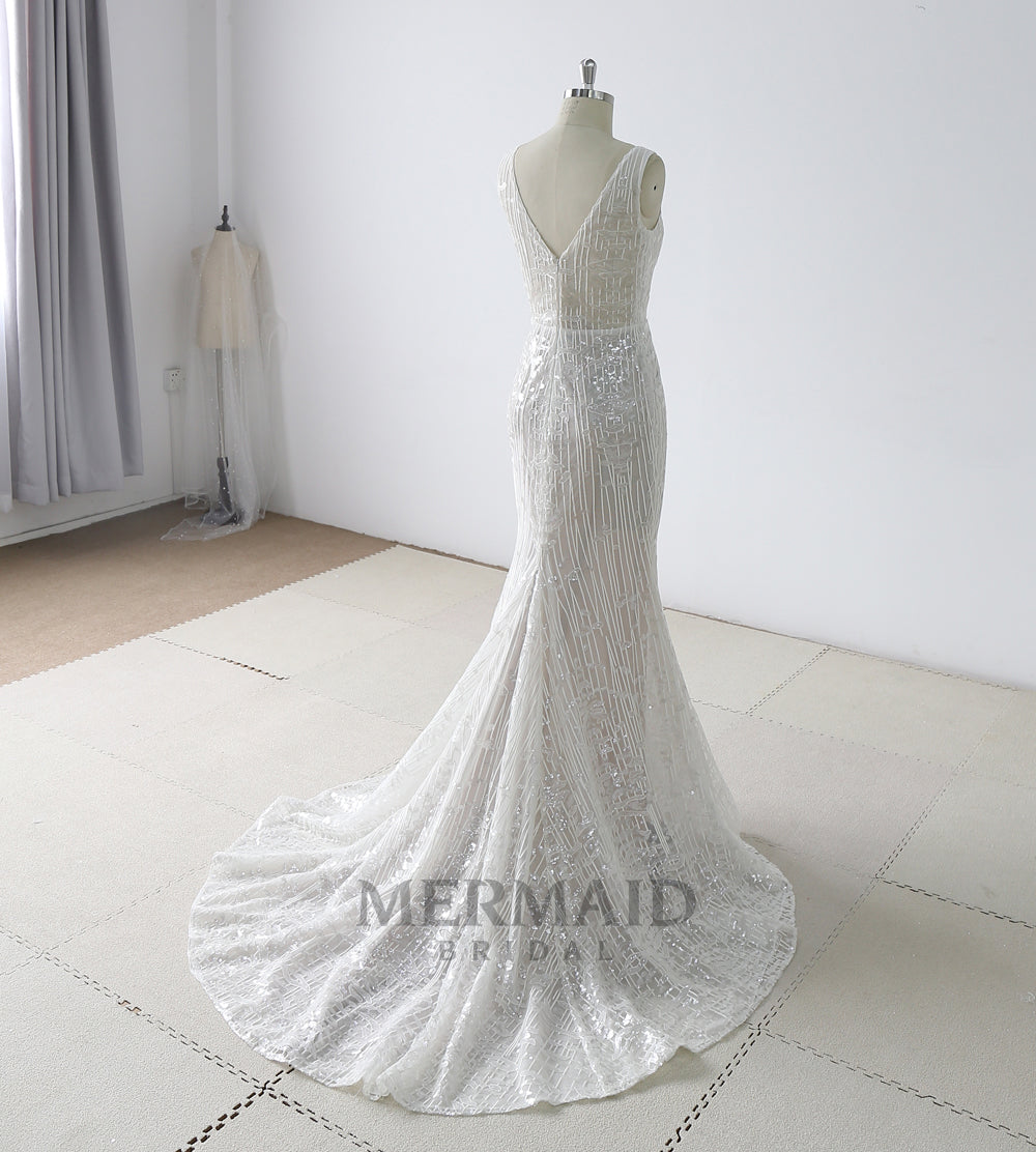 Open back beading lace mermaid wedding dress