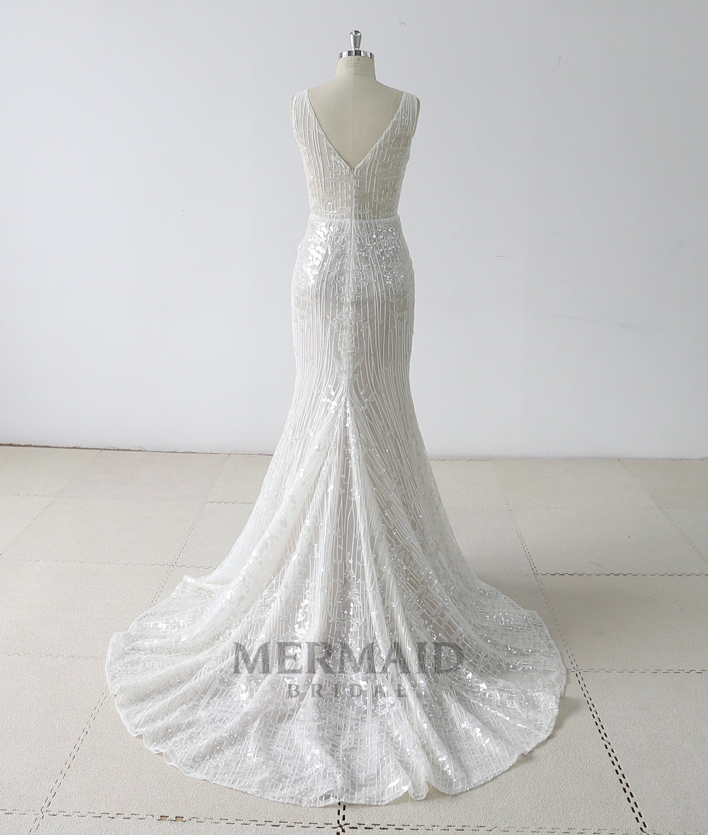 Open back beading lace mermaid wedding dress