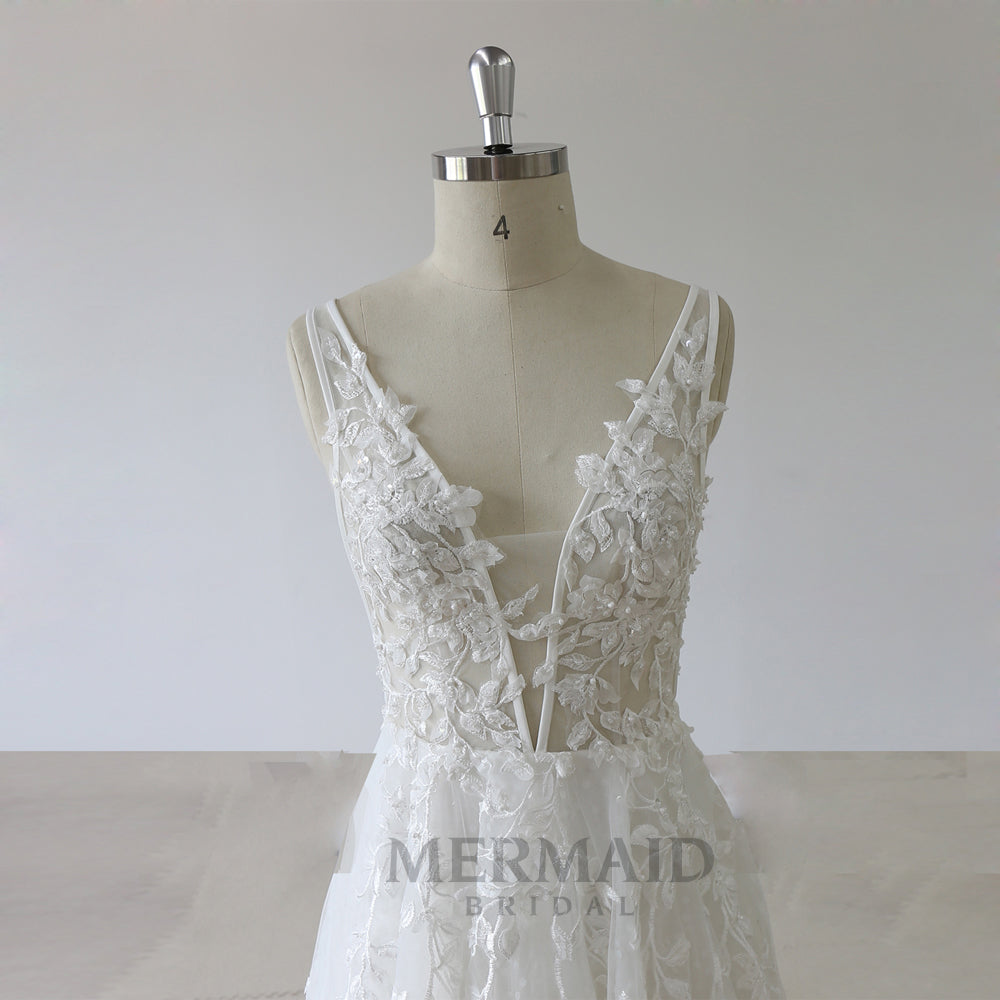New V Neck Bridal Backless Sequins Bohemian Wedding Dress
