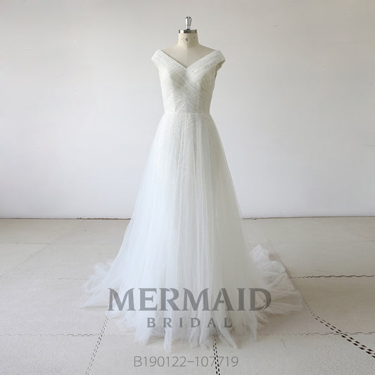 Cap Sleeve Lace Pleated Lace Boho Wedding Dress