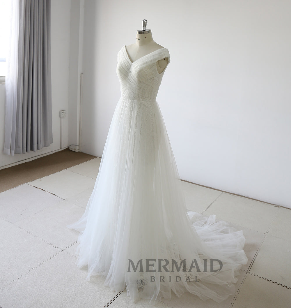 Cap Sleeve Lace Pleated Lace Boho Wedding Dress