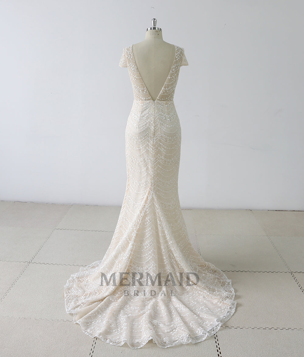 Cap Sleeves Lace Mermaid Wedding Dress