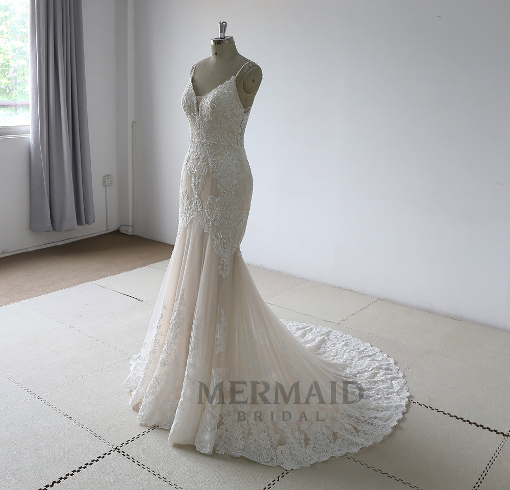 New Spaghetti Strap Backless Lace Mermaid Wedding Dress