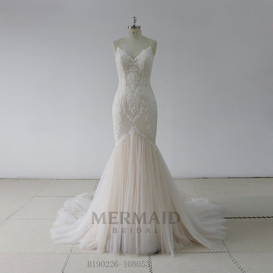 Spaghetti Strap Backless Lace Mermaid Wedding Dress