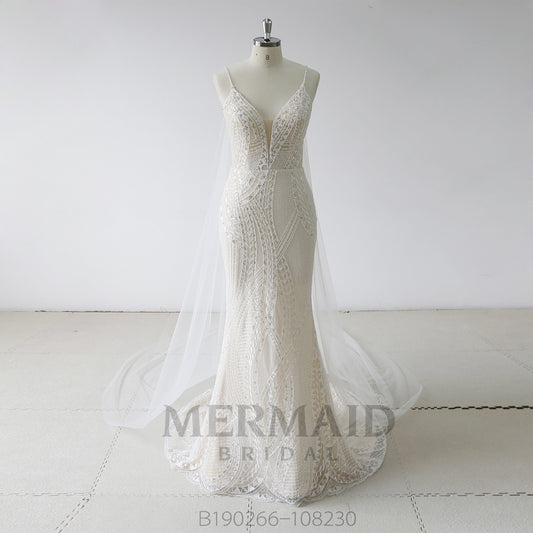 New spaghetti straps mermaid cape wedding dress