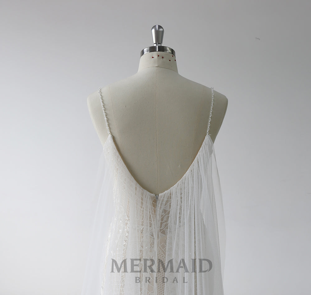 New spaghetti straps mermaid cape wedding dress
