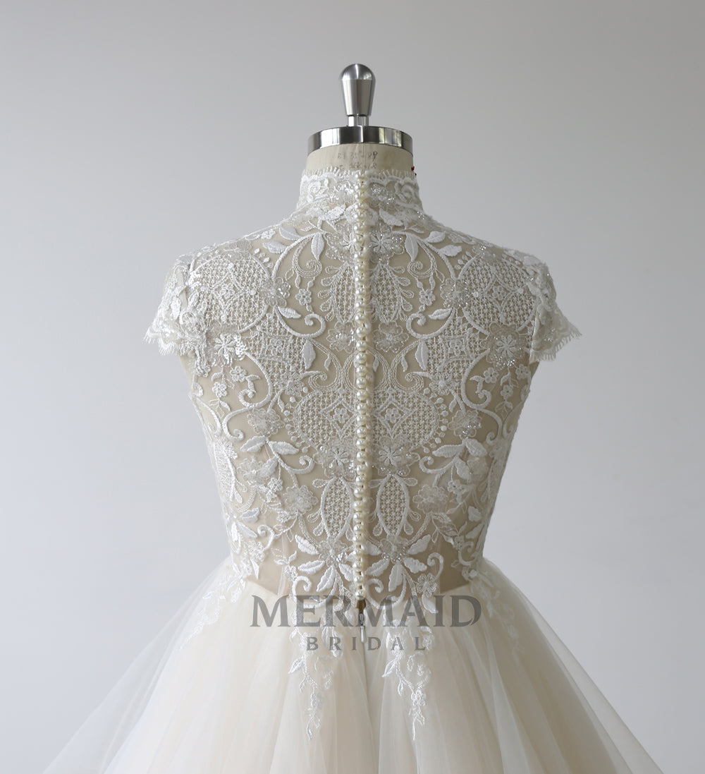 Luxury cap sleeve lace ruffle wedding dress