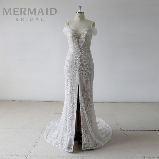 New off shoulder lace split skirt mermaid wedding dress 2020