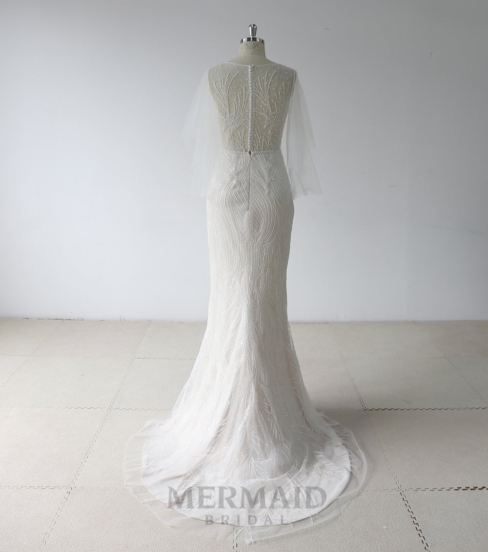 Short sleeve heavy beaded mermaid wedding dress 2020