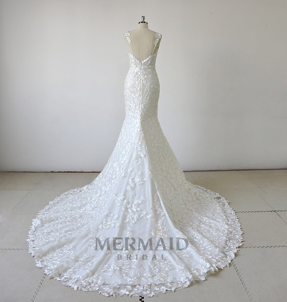 New V Neck Heavy Lace Mermaid Wedding Dress