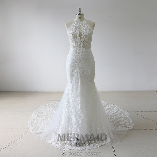 Backless High Neck  Mermaid Wedding Dress