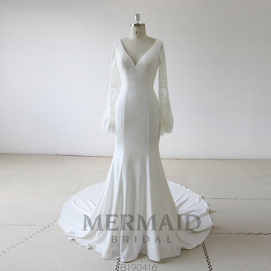 New Long Sleeve  Mermaid Crepe Wedding Dress