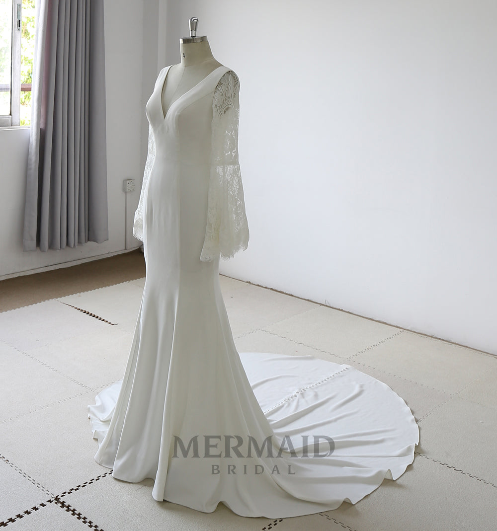 New Long Sleeve  Mermaid Crepe Wedding Dress