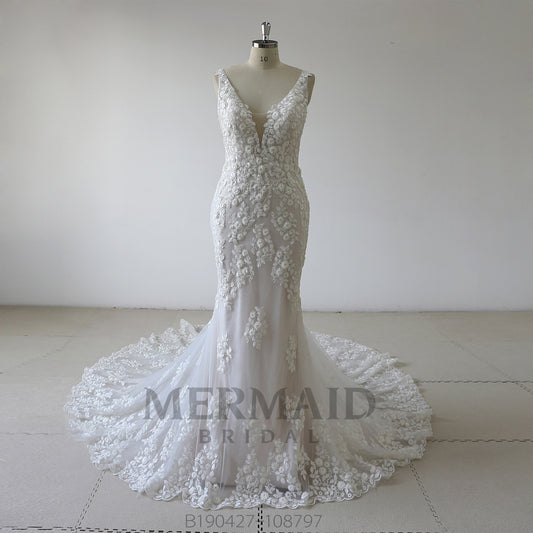 New Backless 3D Lace Mermaid Wedding Dress