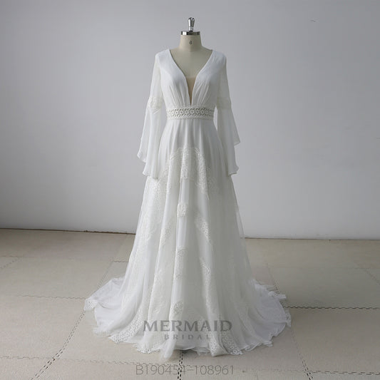 Long Sleeves V Neck  Chiffon Boho Wedding Dress