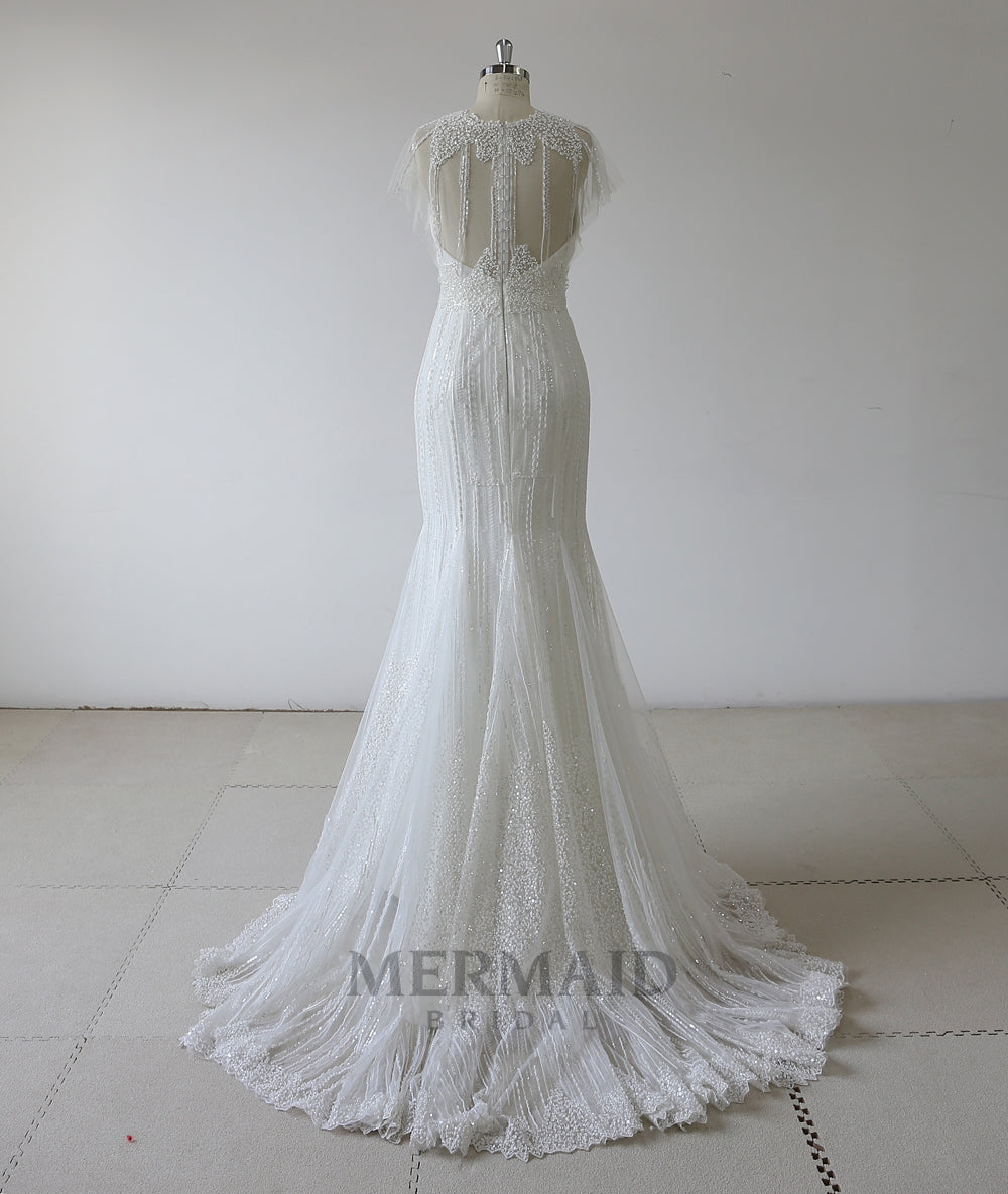 Short Sleeves Heavy Beaded Mermaid Wedding Dress