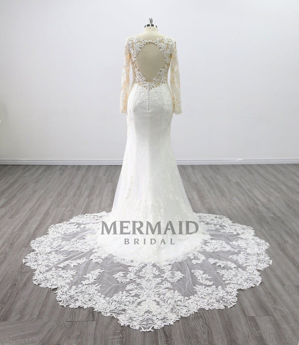 Long Sleeves Open Back Lace Mermaid Wedding Dress