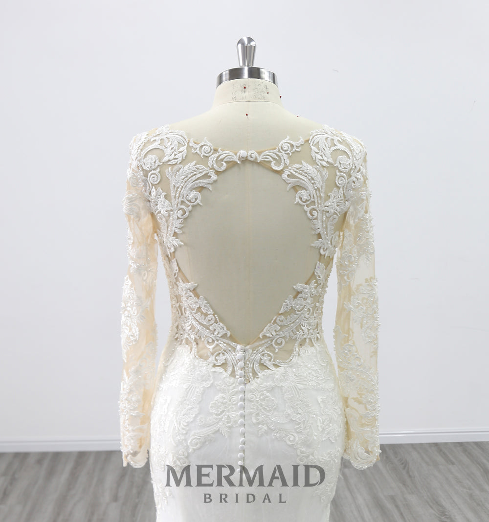 Long Sleeves Open Back Lace Mermaid Wedding Dress