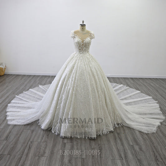Cap Sleeves Bling Ball Gown Wedding Dress with Detachable Skirt