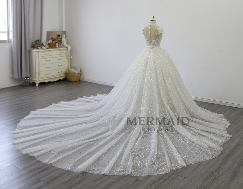 Cap Sleeves Bling Ball Gown Wedding Dress with Detachable Skirt