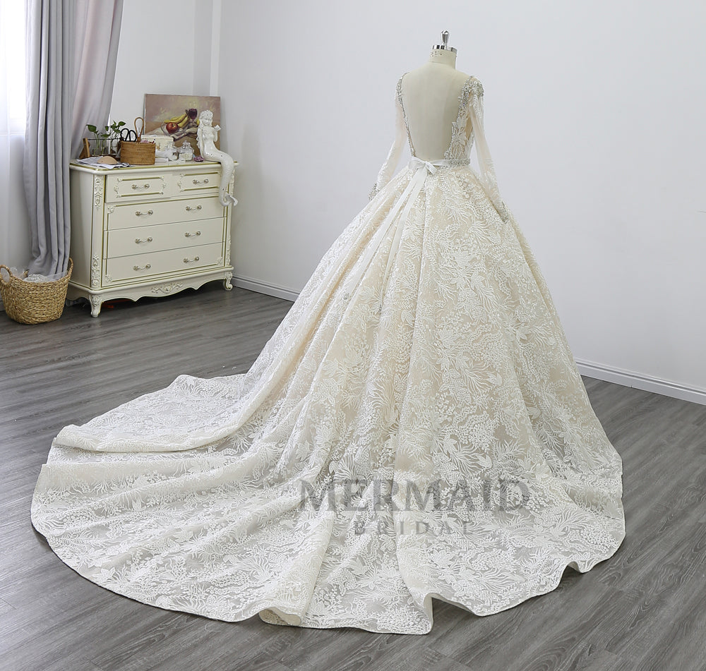 Open back wedding gown long sleeve ball gown wedding dress with detachable belt