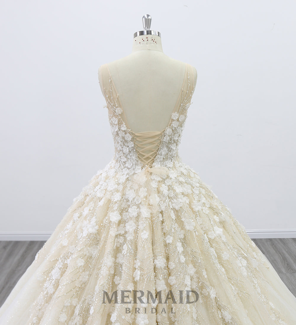 Backless Beaded 3D handmade Flowers ball Gown Wedding Dress