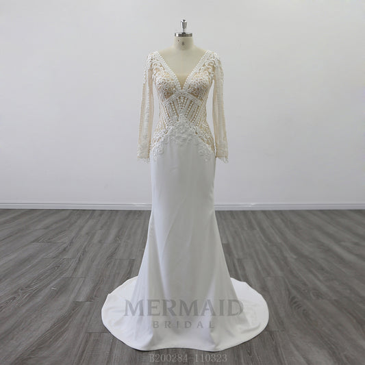 New Long Sleeves Lace Crepe Wedding Dress