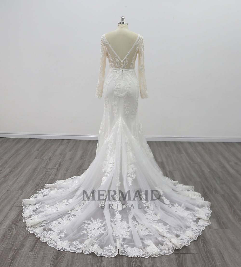 New Long Sleeves Backless Lace Wedding Dress