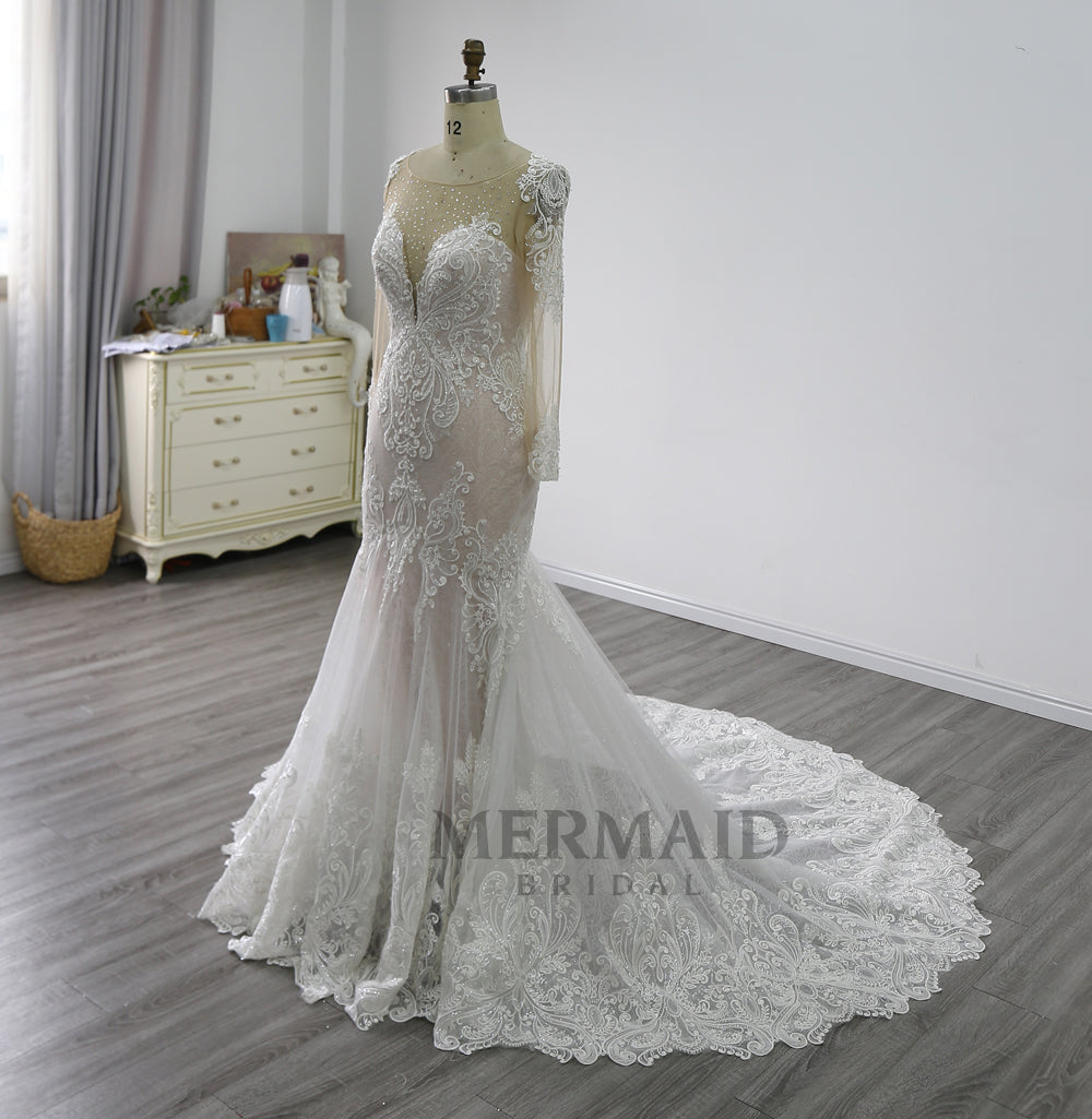 Long Sleeves Beading Lace Mermaid Wedding Dress