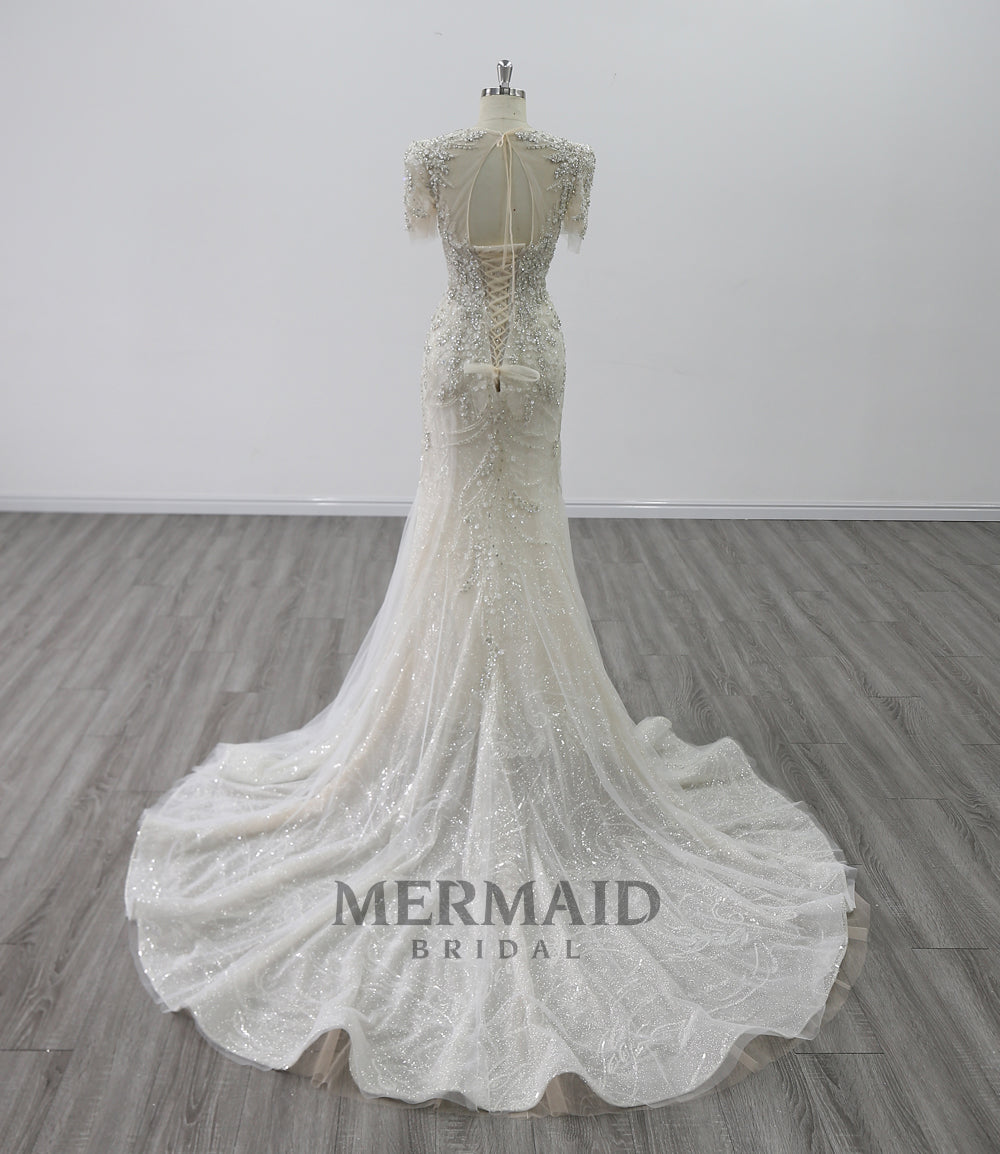 Short Sleeves Beaded Bodice Mermaid Wedding Dress