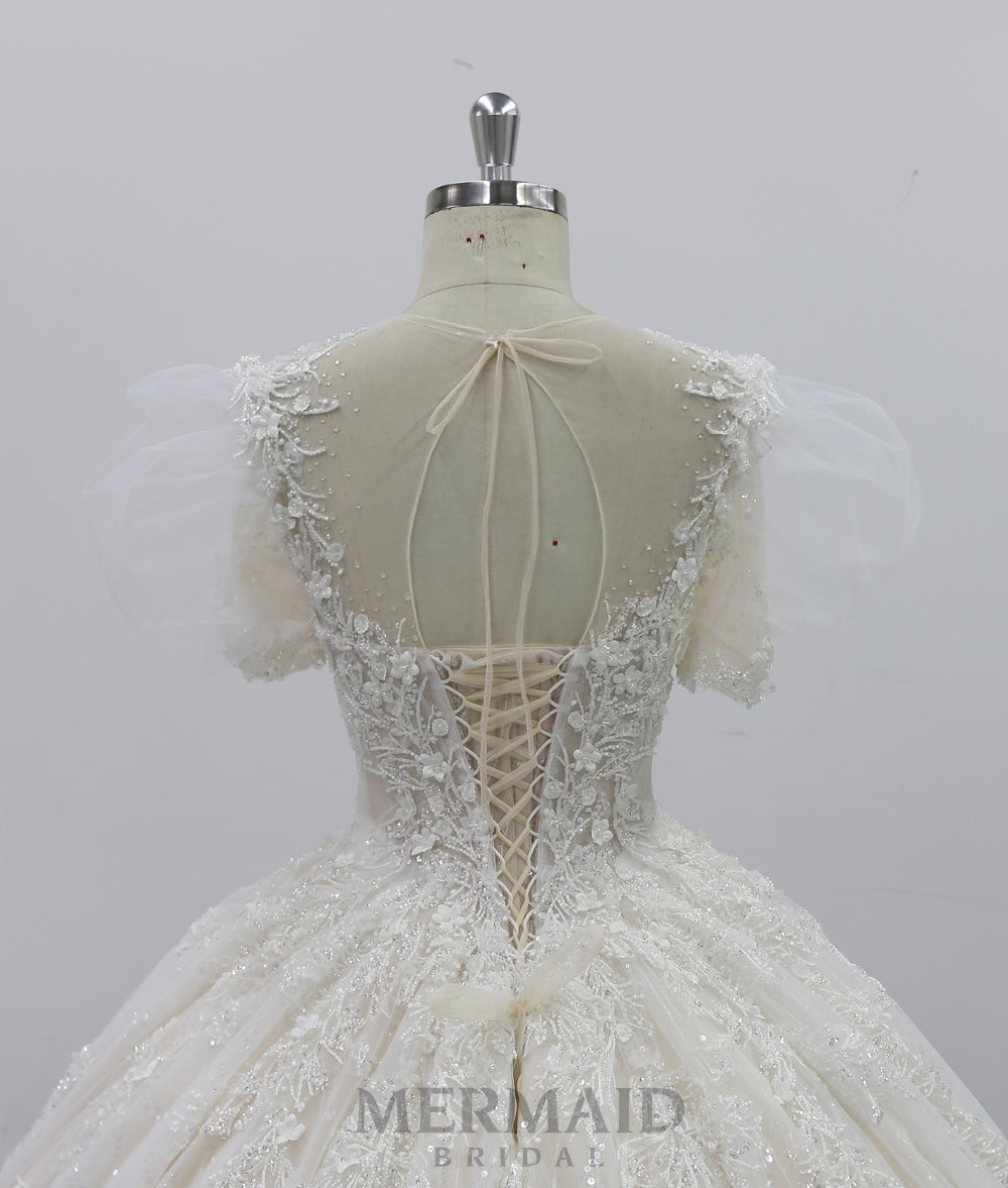 Short Sleeves Heavy Beaded Royal Train Ball Gown Wedding Dress