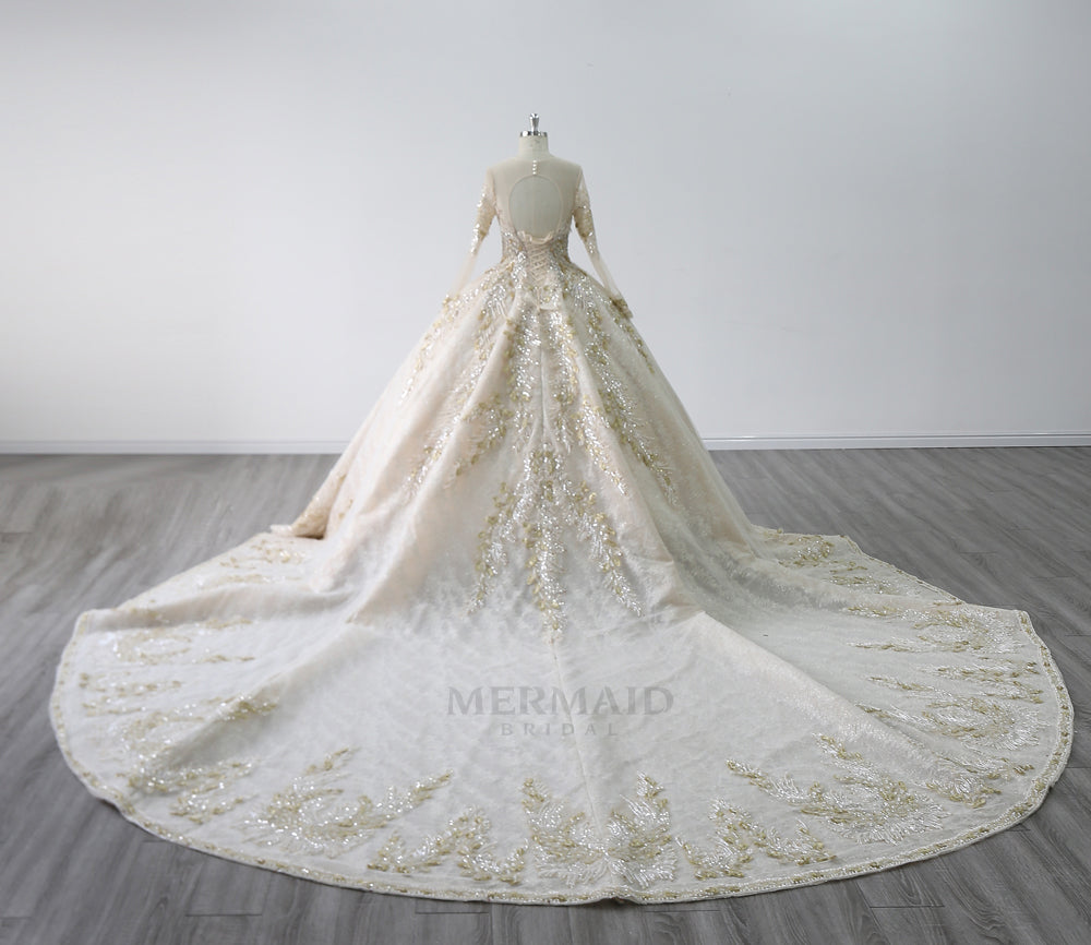 Ball Gown Long Sleeves V Neck Cathedral Train Heavy Beading Gold Wedding Dresses Bridal dress