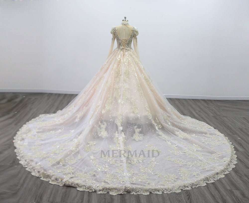Newest Ball Gown Long Sleeve Dress High Neck  Cathedral Train  Heavy Beading Gold Wedding Dresses wedding gown