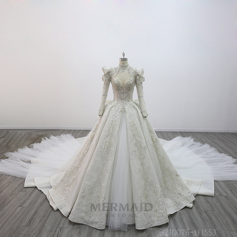 Ball Gown Puff Sleeve High Neck Cathedral Train Heavy Lace  Beading Gold Wedding Dresses