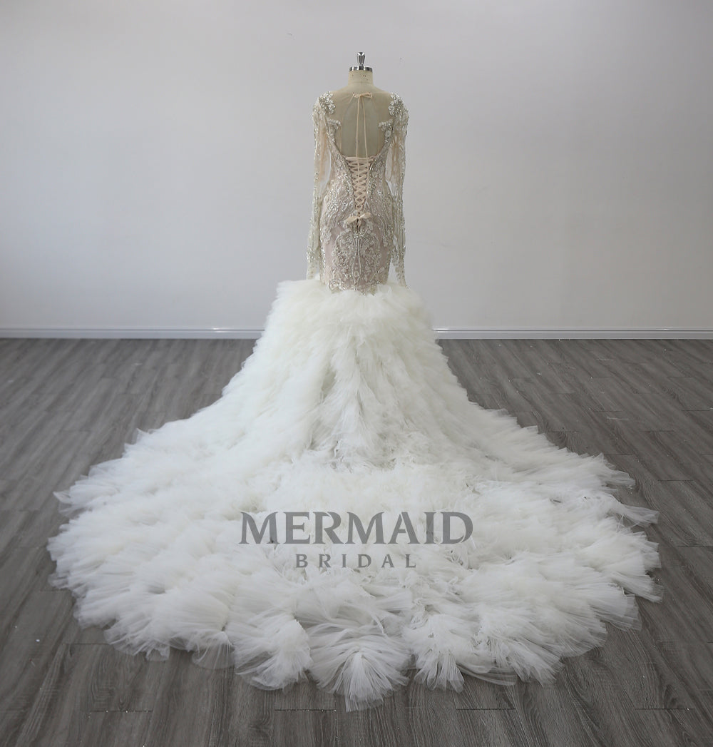 Long Sleeves Ruffles Beading Mermaid Wedding Dress
