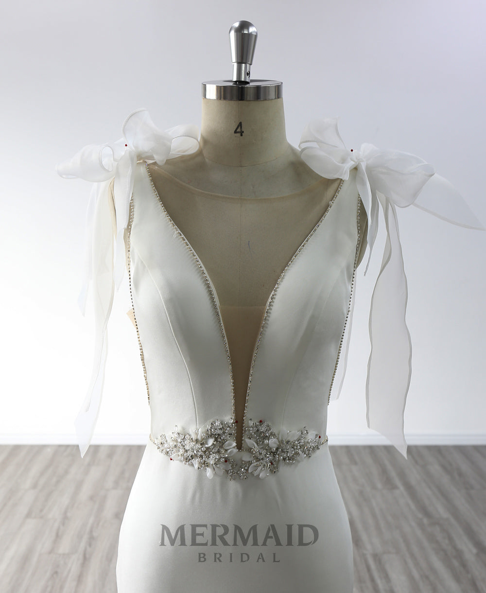 New Detachable Strap Bow Beaded Crepe Mermaid Wedding Dresses