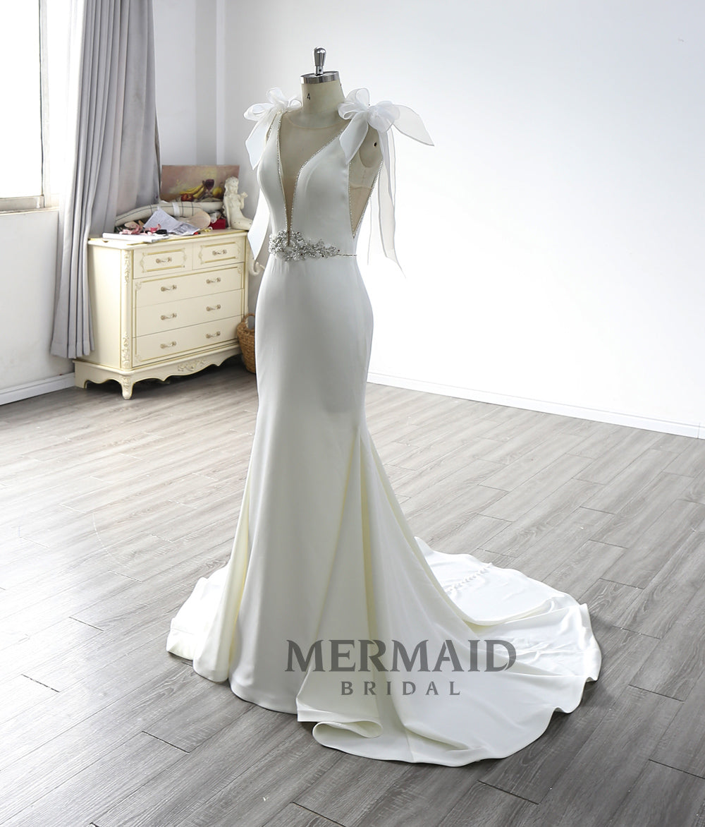 New Detachable Strap Bow Beaded Crepe Mermaid Wedding Dresses