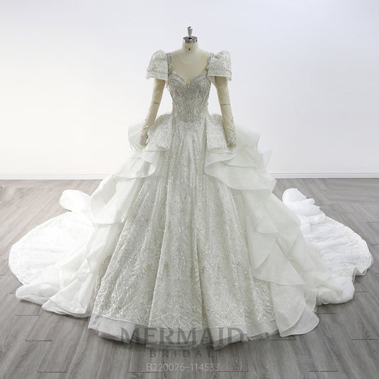 Luxury Ruffled Heavy Beaded Ball Gown Wedding Dress
