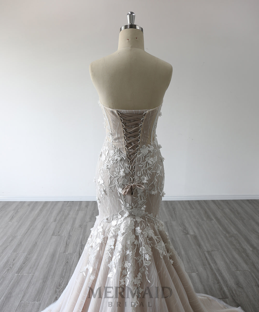 Illusion Lace Short Sleeve Mermaid Wedding Dress - Promfy