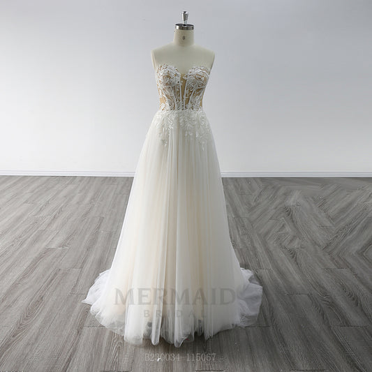 Backless Sweetheart Floor Length Wedding Gown Boho  Beach Wedding Dress Bohemian With Slit