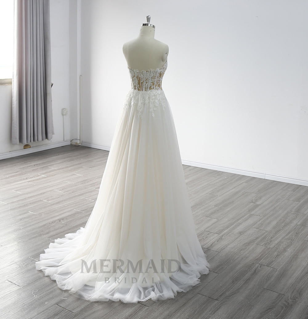 Backless Sweetheart Floor Length Wedding Gown Boho  Beach Wedding Dress Bohemian With Slit